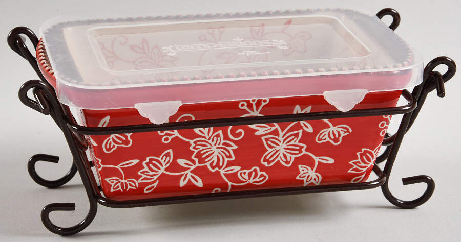Floral Lace Red Mini Loaf Pan with Plastic Lid & Metal Stand by Temp-Tations-1
