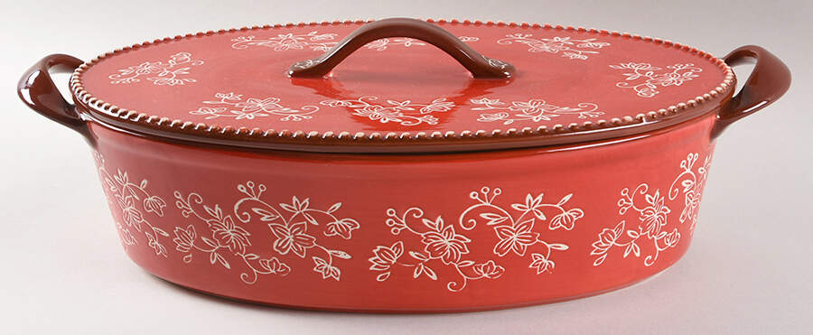 Floral Lace Red 3 Quart Oval Covered Casserole by Temp-Tations-1