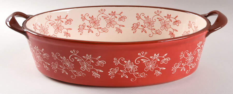Floral Lace Red 3 Qt Oval Covered Casserole No Lid by Temp-Tations-1