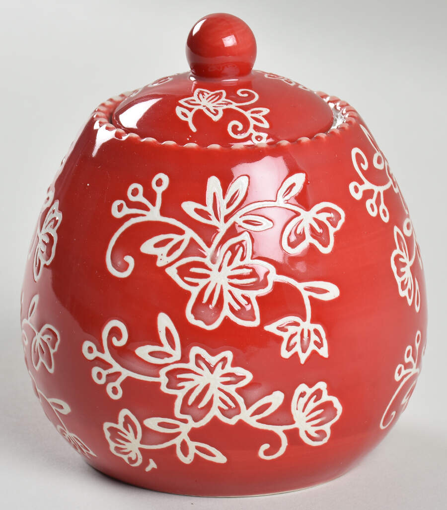 Floral Lace Red Sugar Bowl & Lid by Temp-Tations-1
