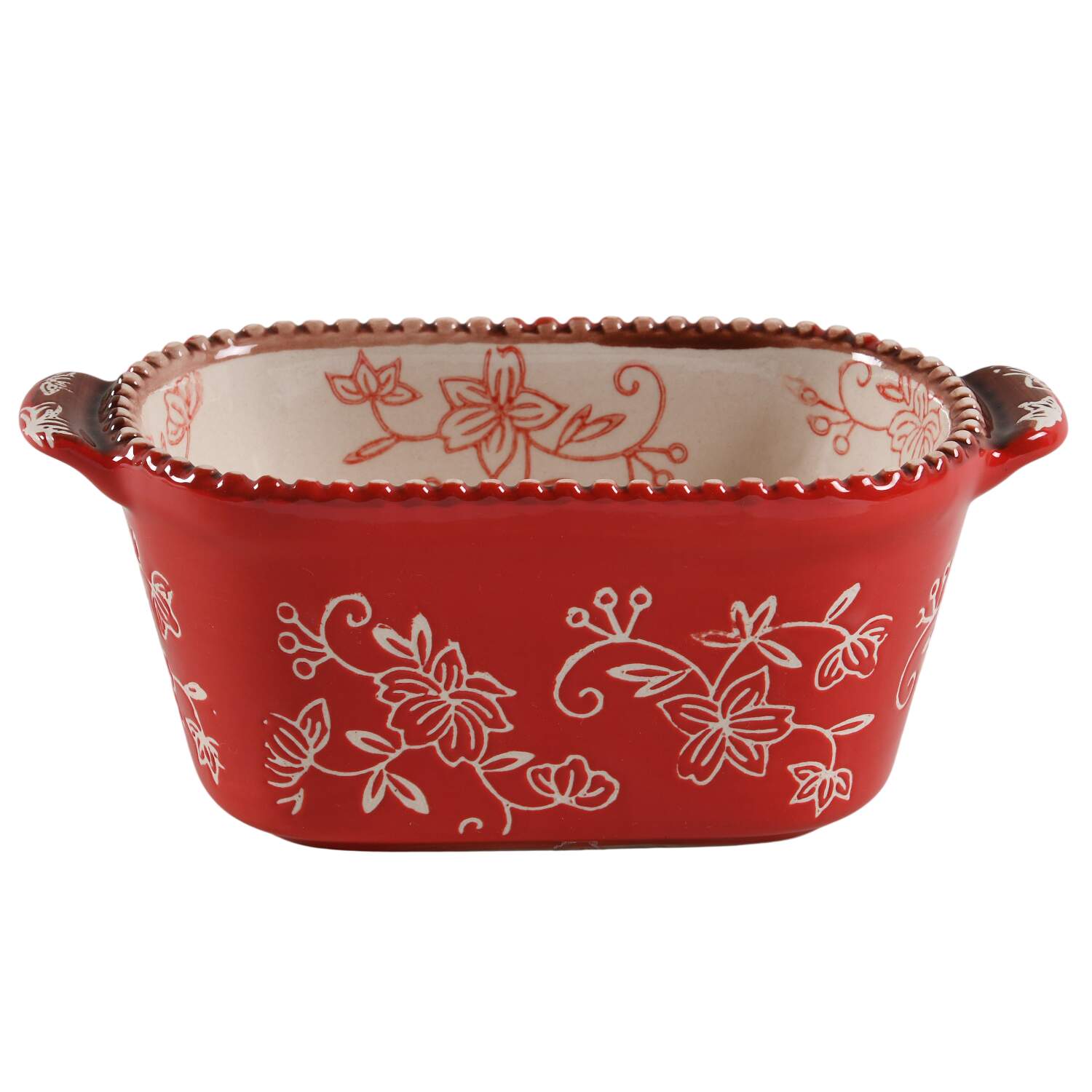 Floral Lace Red Squoval Tab Handled Ramekin by Temp-Tations-1