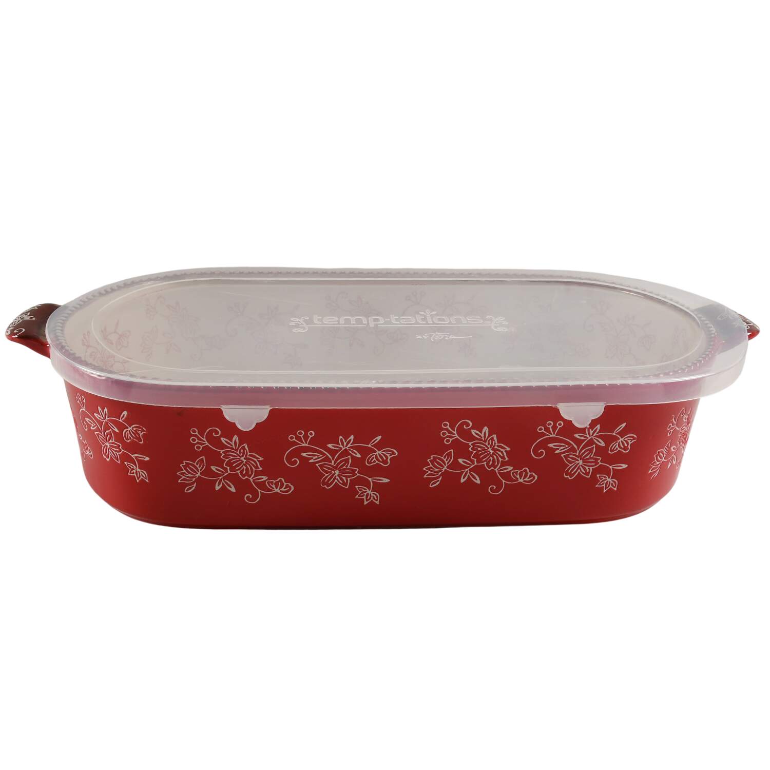 Floral Lace Red 17" Squoval Tab Handled Baker with Plastic Lid by Temp-Tations-1