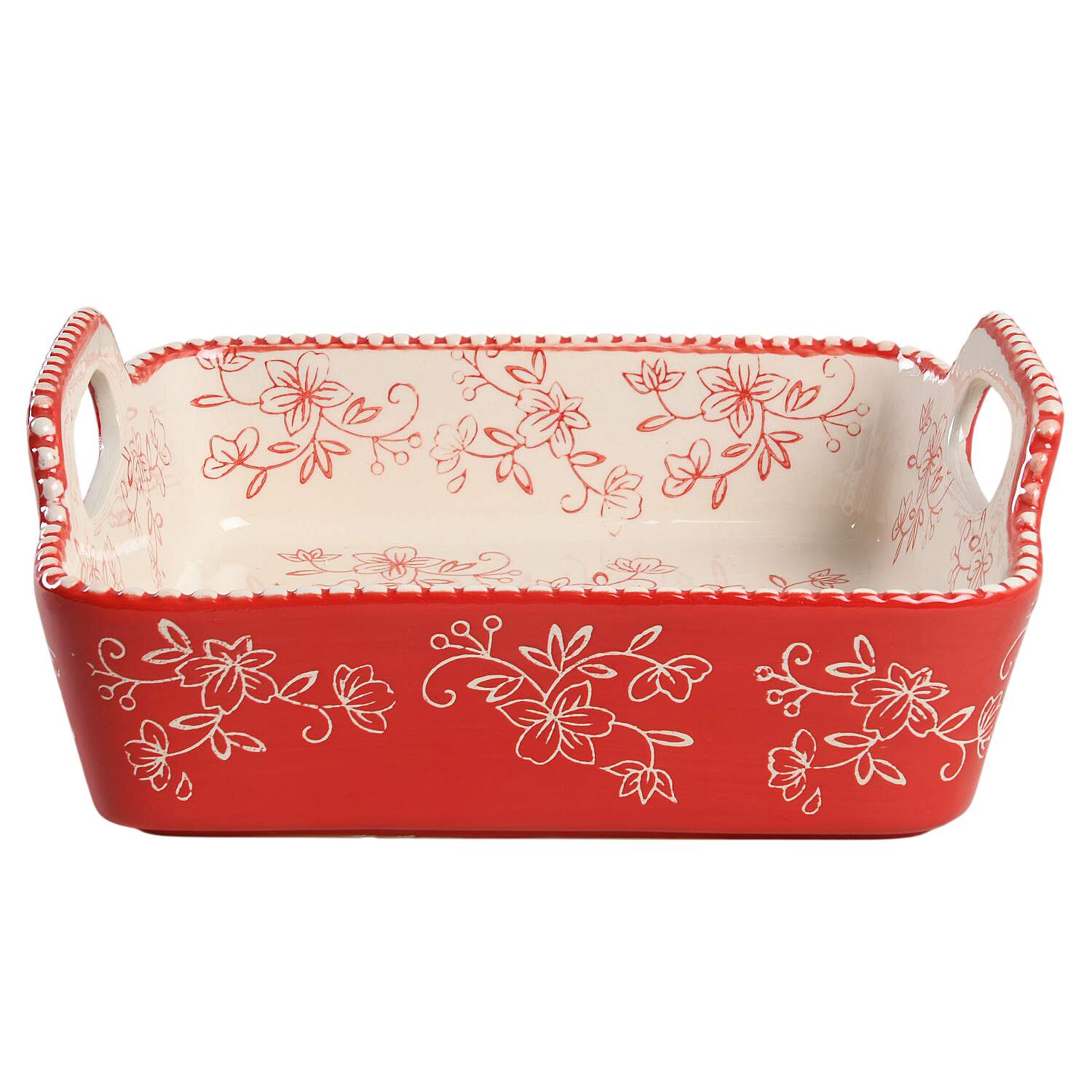 Floral Lace Red 9" Square Baker with Upswept Handles by Temp-Tations-1