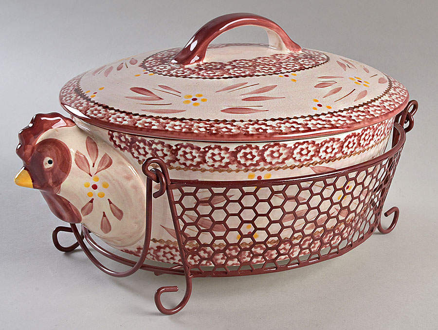 Old World Red 2.5 Qt Oval Covered Baker & Wire Holder by Temp-Tations-1