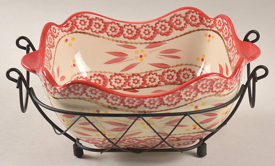 Old World Red 1.5 Qt Square Bake & Serve Bowl with Metal Stand by Temp-Tations-1
