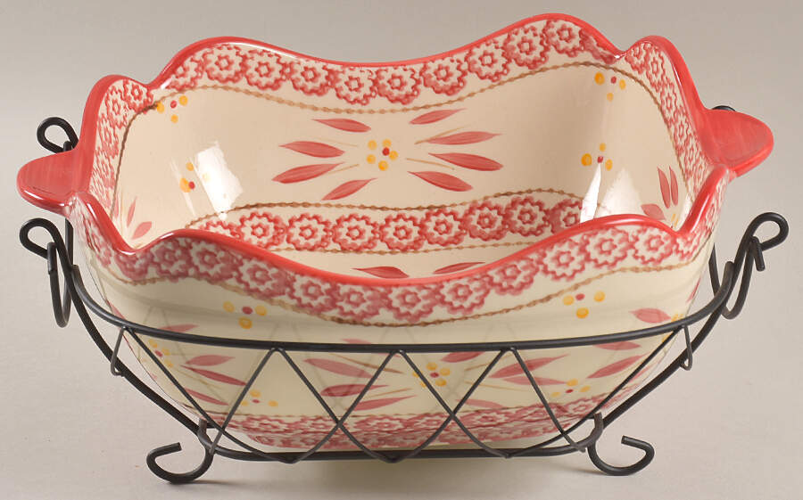 Old World Red 2.5 Qt Square Bake & Serve Bowl with Metal Stand by Temp-Tations-1