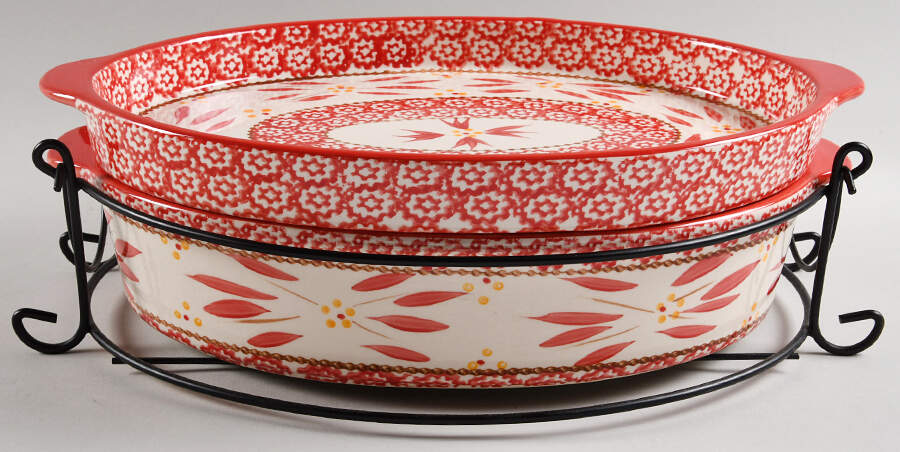 Old World Red 14" Oval Baker with Lid-It & Metal Stand by Temp-Tations-1
