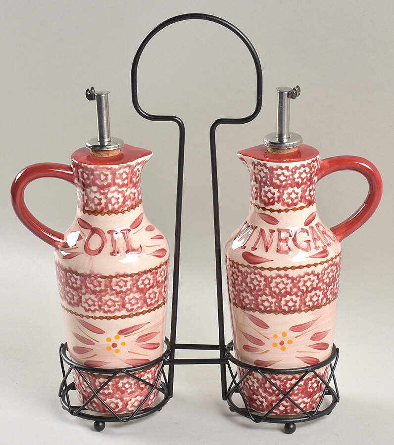 Old World Red Oil & Vinegar Drizzle Jars with Metal Holder by Temp-Tations-1
