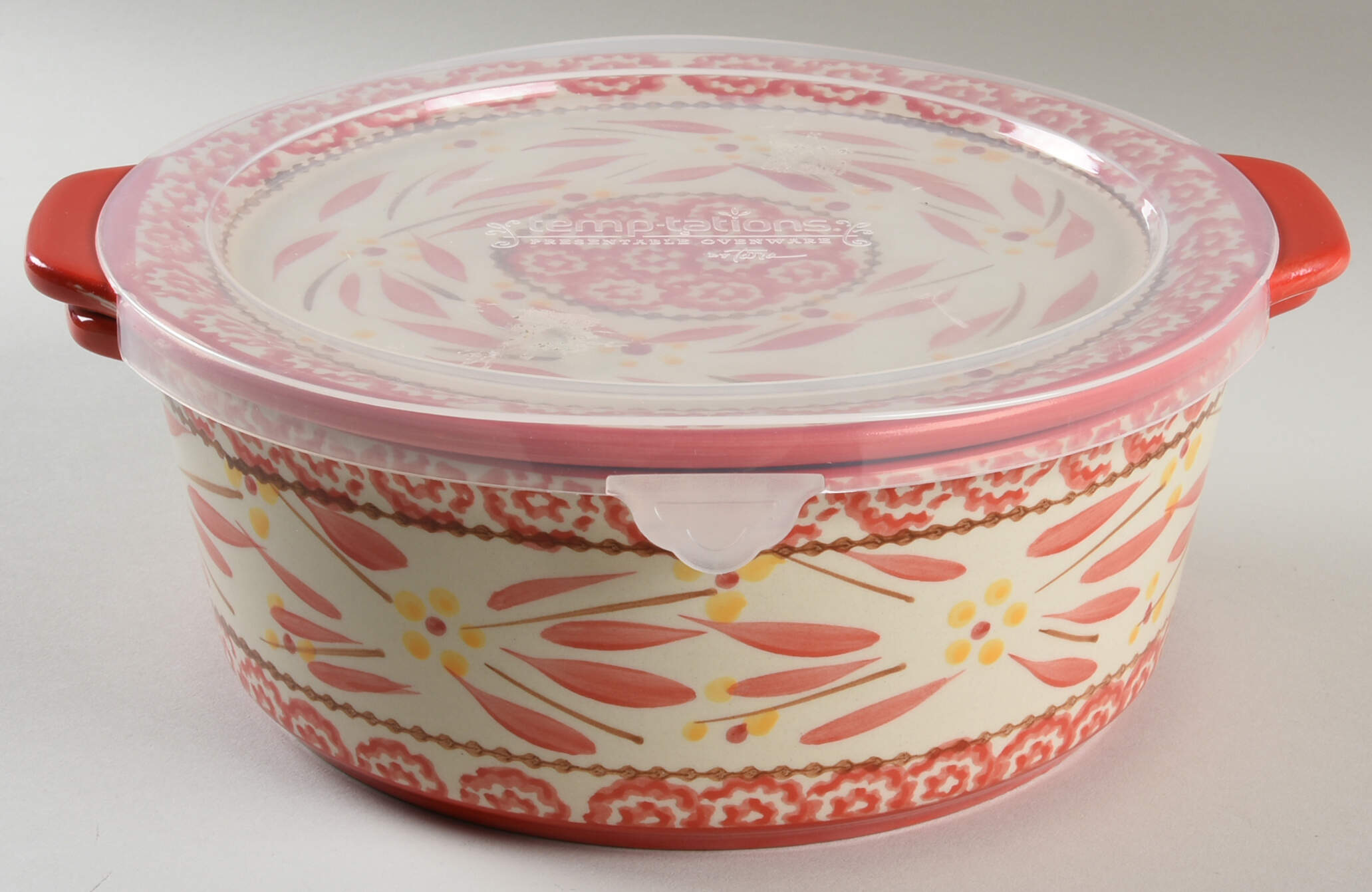 Old World Red 9" Round Handled Baker w/Plastic Lid & Lid-It (ROBH9A,PRBH9A & LDIR9) by Temp-Tations-1