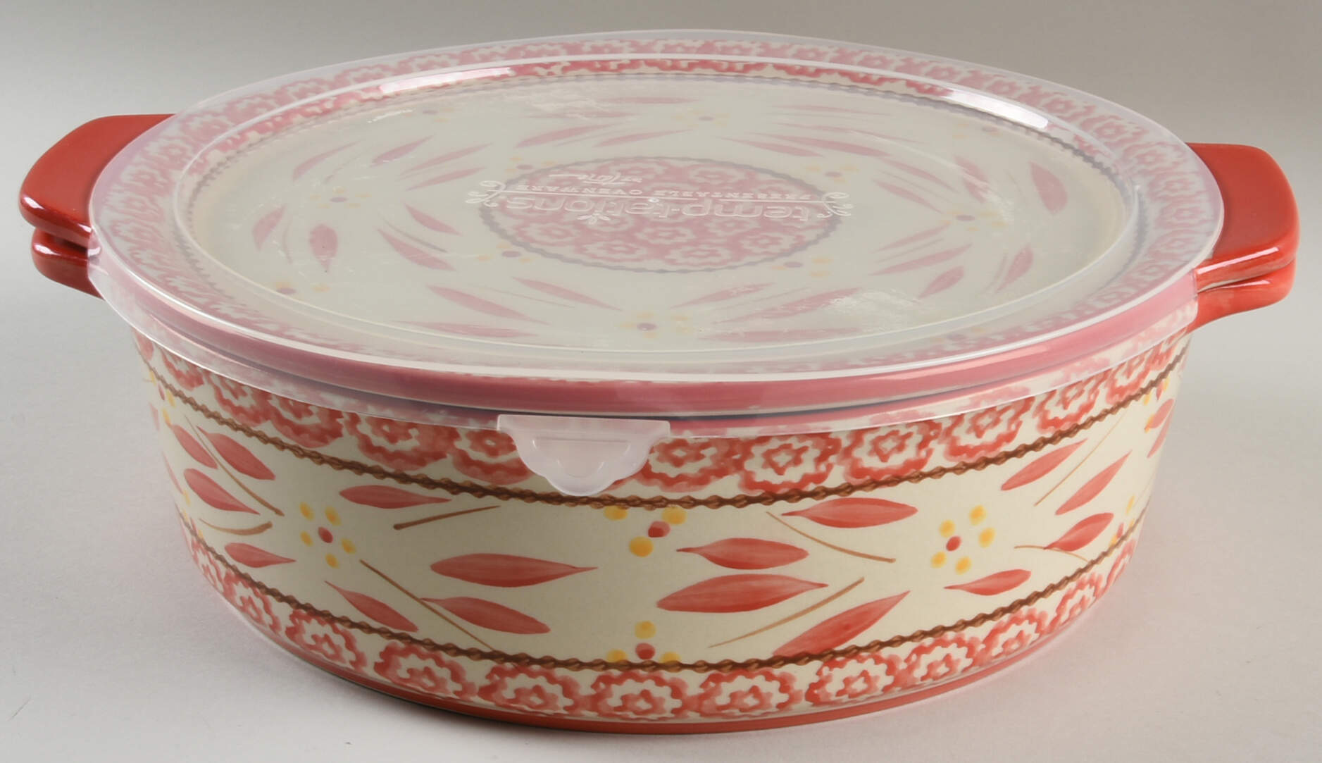 Old World Red 11" Round Handled Baker w/Plastic Lid & Lid-It (RBH11A, PRH11A & LDIR11) by Temp-Tations-1