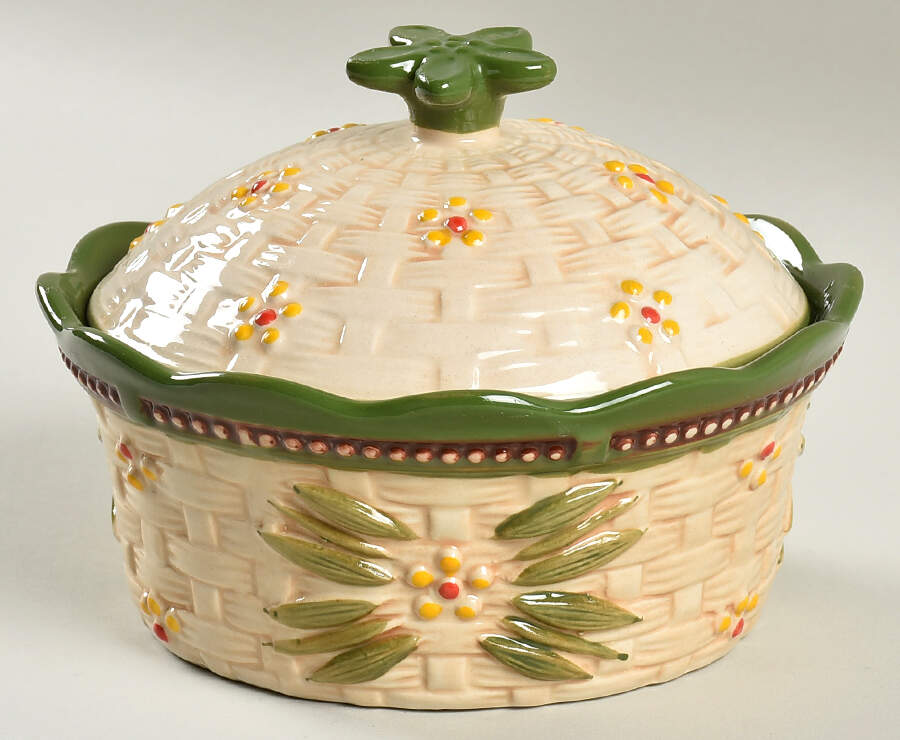 Old World Basketweave Green 6" Nesting Ramekin & Lid by Temp-Tations-1