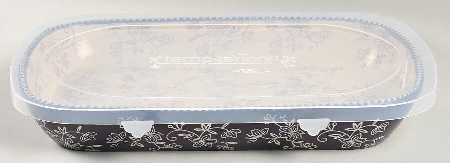 Floral Lace Eggplant 13" Rectangular Deep Serving Platter & Plastic Lid by Temp-Tations-1