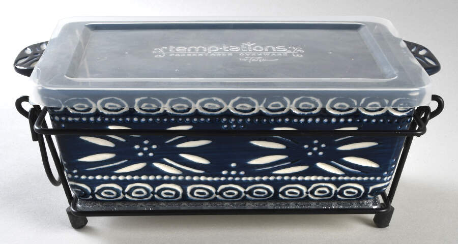 Carved Old World Blue 4 Pc 10" Rect Baker (Baker,Lid,Trivet & Stand) by Temp-Tations-1