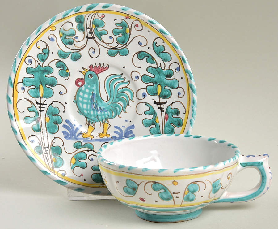 Green Rooster Flat Cup & Saucer Set by U. Grazia-1