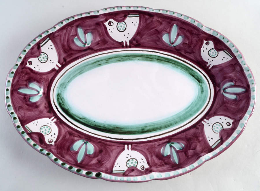 Campagna Chicken (Purple Border, Green Dots) 16" Oval Serving Platter by Ceramica Artistica (CAS Vietri)-1