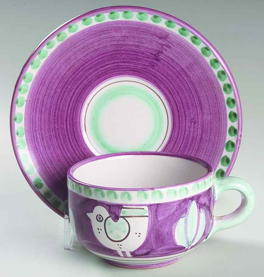 Campagna Chicken (Purple Border, Green Dots) Flat Cup & Saucer Set by Ceramica Artistica (CAS Vietri)-1