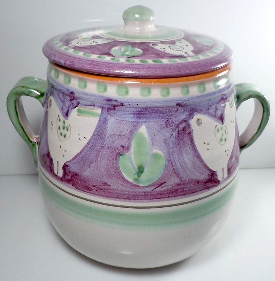Campagna Chicken (Purple Border, Green Dots) Large Canister & Lid by Ceramica Artistica (CAS Vietri)-1