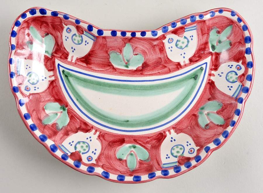 Campagna Chicken (Red Border, Blue Dots) Crescent Salad Plate by Ceramica Artistica (CAS Vietri)-1