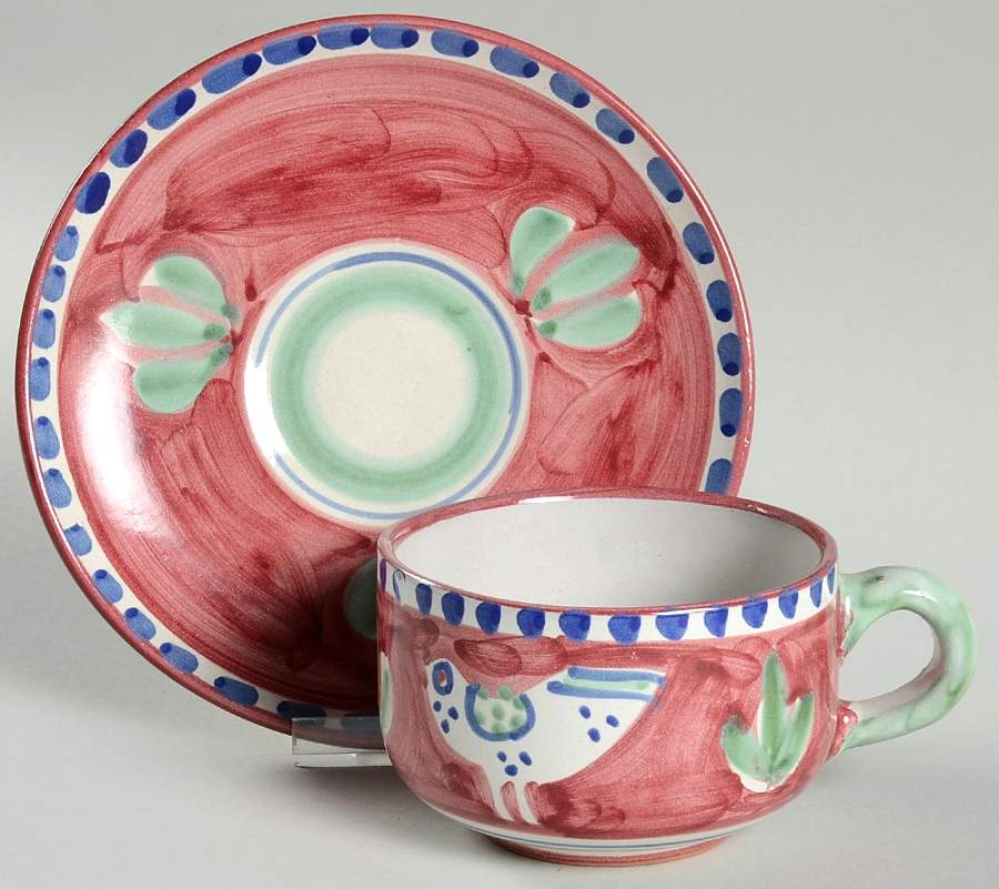 Campagna Chicken (Red Border, Blue Dots) Flat Cup & Saucer Set by Ceramica Artistica (CAS Vietri)-1