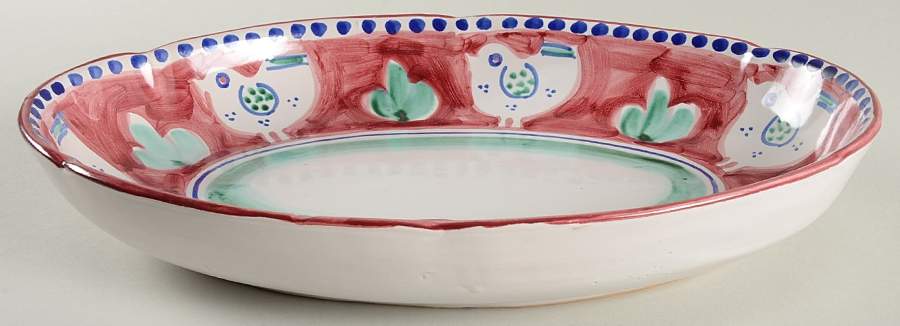 Campagna Chicken (Red Border, Blue Dots) 14" Oval Baker by Ceramica Artistica (CAS Vietri)-1