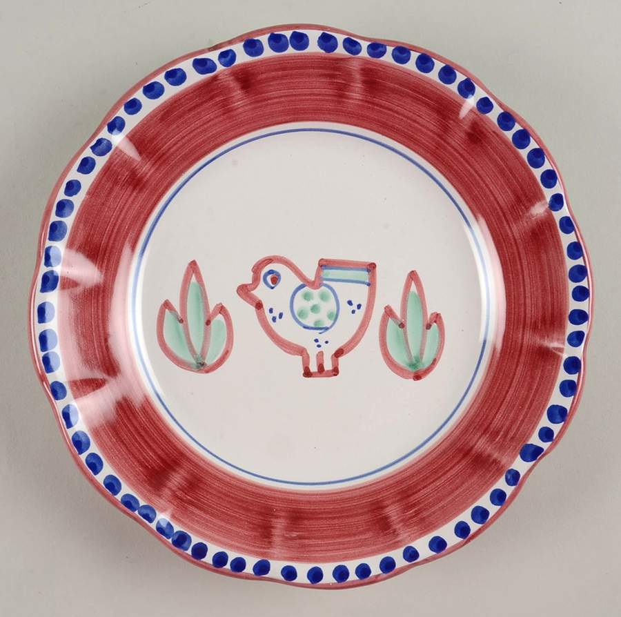 Campagna Chicken (Red Border, Blue Dots) Salad Plate by Ceramica Artistica (CAS Vietri)-1