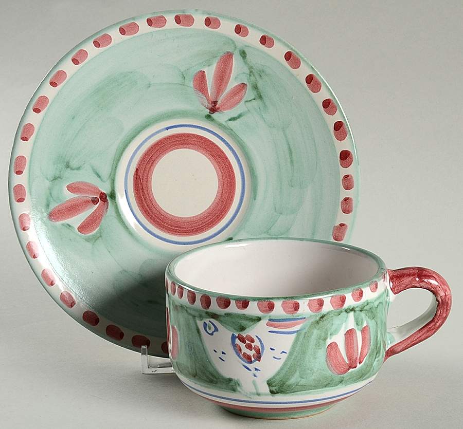 Campagna Chicken (Green Border, Pink Dots) Flat Cup & Saucer Set by Ceramica Artistica (CAS Vietri)-1