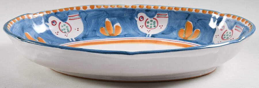 Campagna Chicken (Blue, Orange Dots) Shallow Oval Bowl by Ceramica Artistica (CAS Vietri)-1
