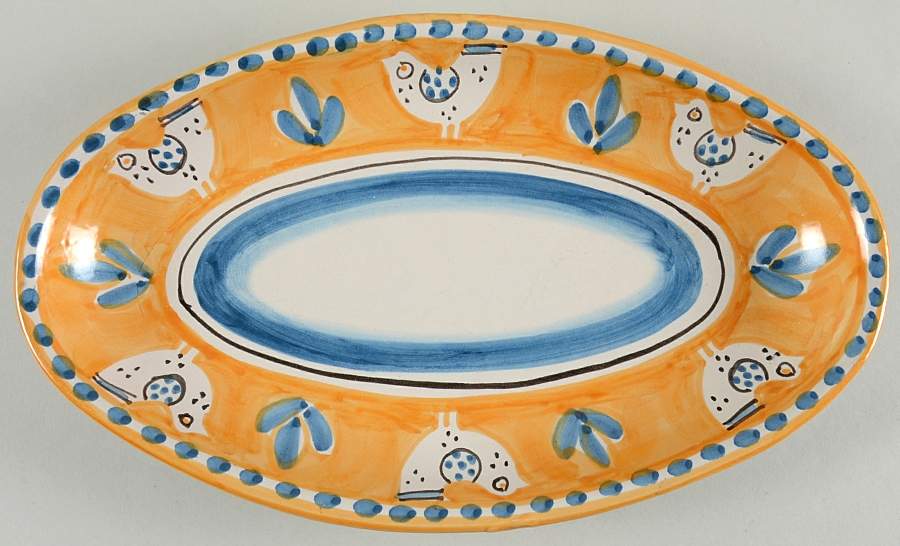 Campagna Chicken (Orange Border, Blue Dots) 13" Oval Serving Platter by Ceramica Artistica (CAS Vietri)-1