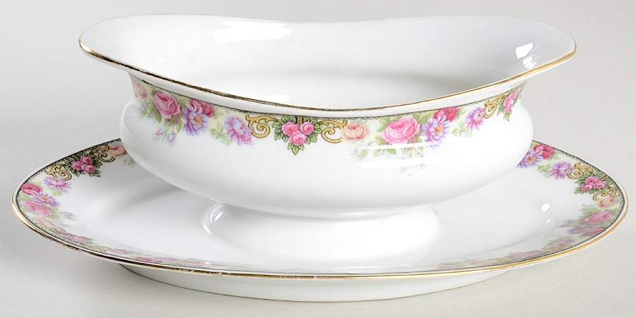 222 (Floral Edge) Gravy Boat with Attached Underplate by Victoria (Czech)-1