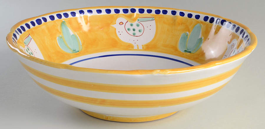 Campagna Chicken (Yellow Border, Blue Dots) 12" Large Salad Serving Bowl by Ceramica Artistica (CAS Vietri)-1