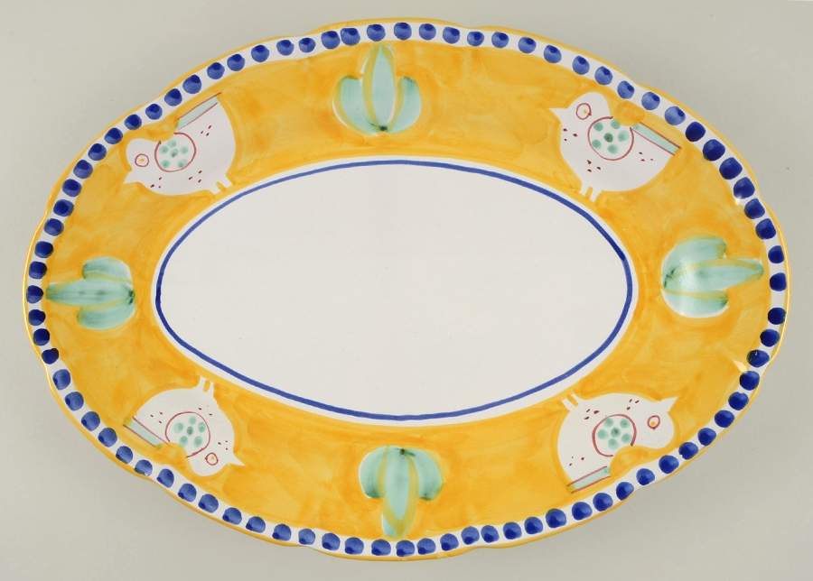 Campagna Chicken (Yellow Border, Blue Dots) 16" Oval Serving Platter by Ceramica Artistica (CAS Vietri)-1