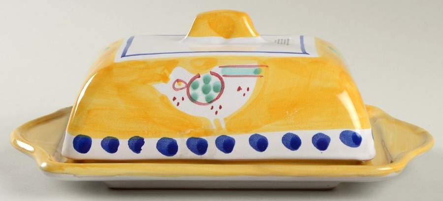 Campagna Chicken (Yellow Border, Blue Dots) 1/4 Lb Covered Butter by Ceramica Artistica (CAS Vietri)-1