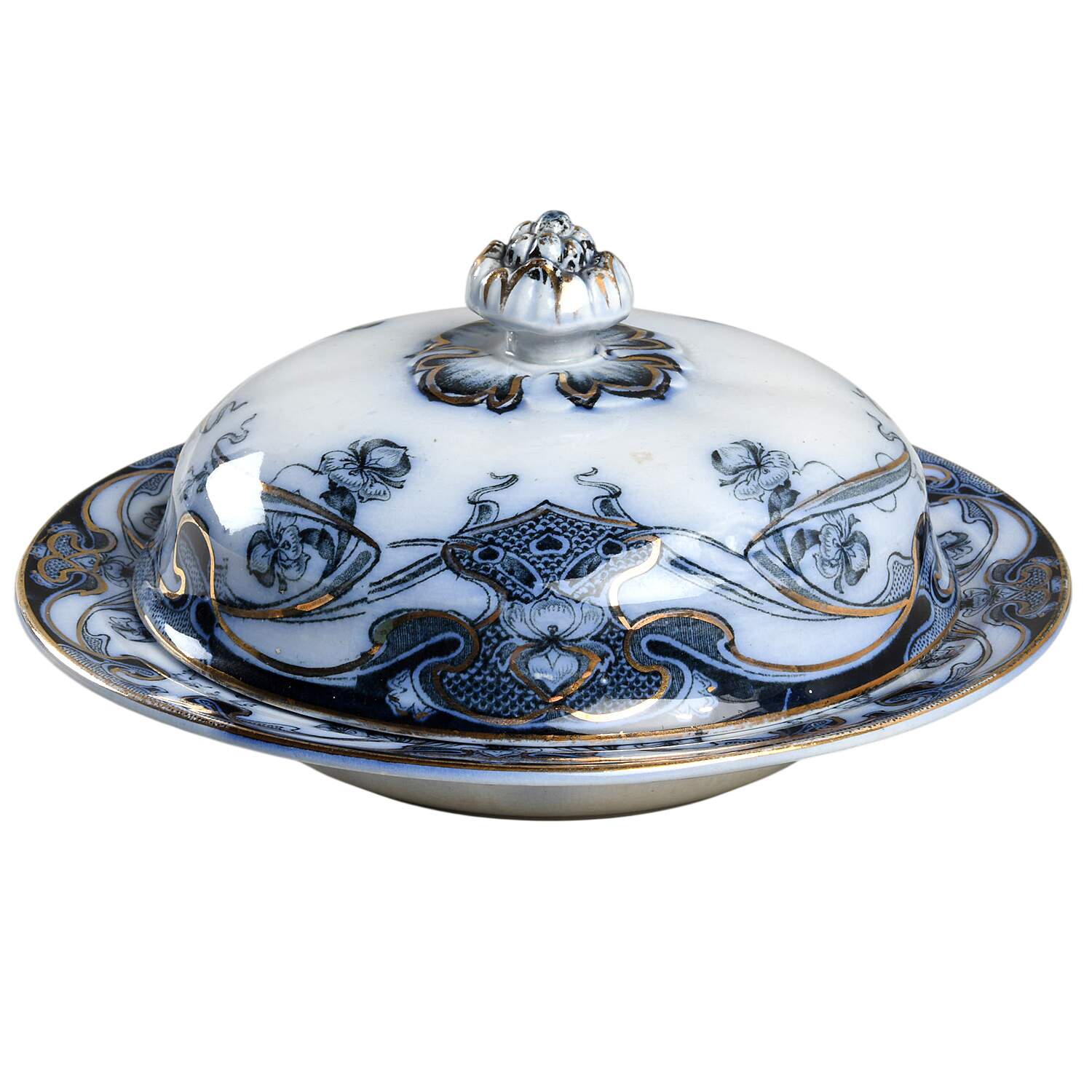 Iris Blue (Flow Blue) Round Covered Butter by Arthur J Wilkinson-1