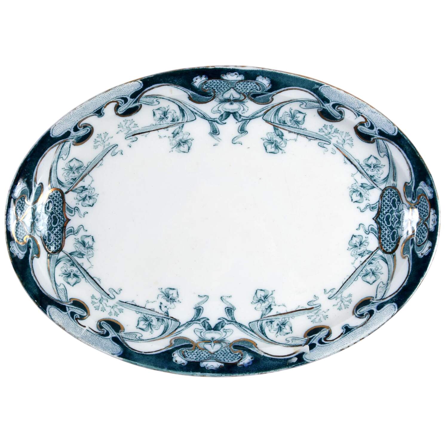 Iris Blue Green (Gold Accents) 10" Oval Serving Platter by Arthur J Wilkinson-1