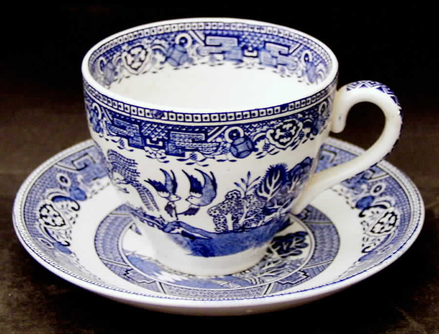 Old Willow Blue (No Trim) Flat Cup & Saucer Set by Washington Pottery-1