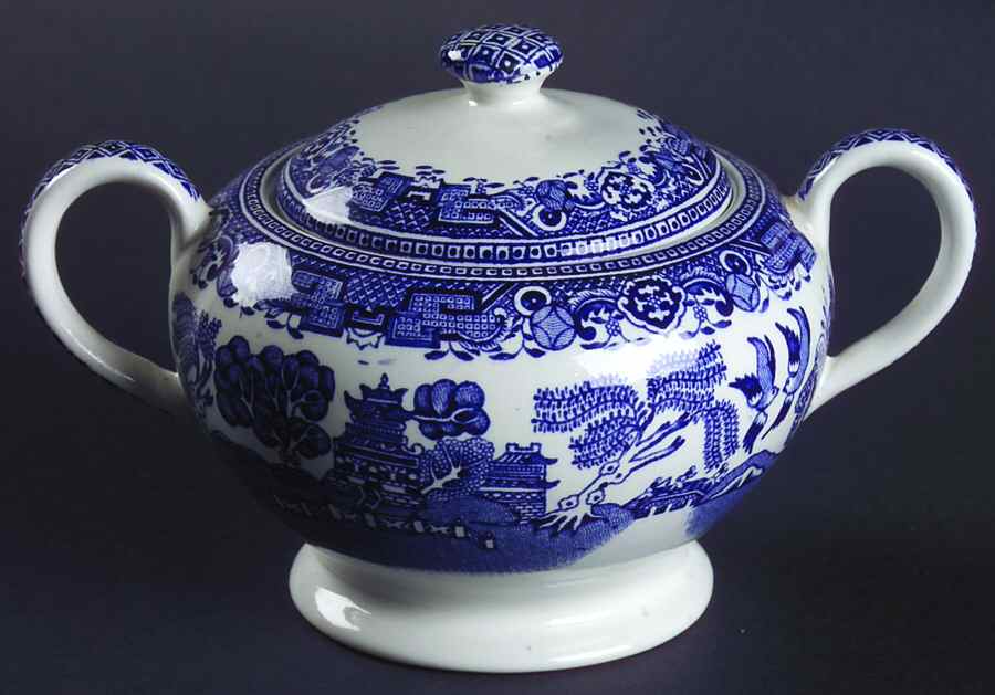 Old Willow Blue (No Trim) Sugar Bowl & Lid by Washington Pottery-1