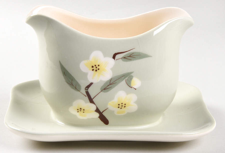 Blossom Celadon Gravy Boat with Attached Underplate by Weil Ware-1