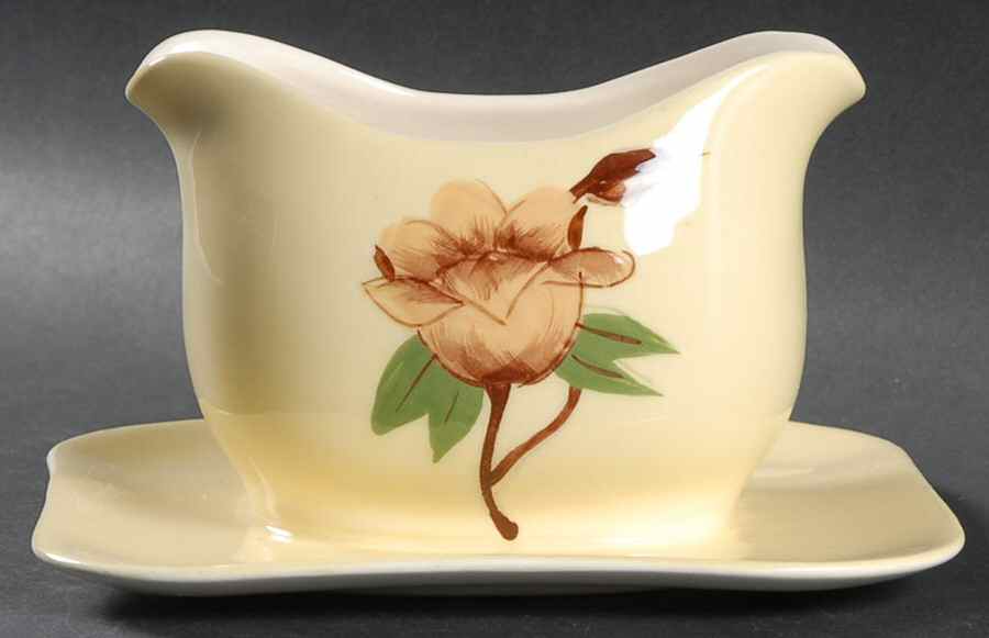 Rose Yellow Gravy Boat with Attached Underplate by Weil Ware-1