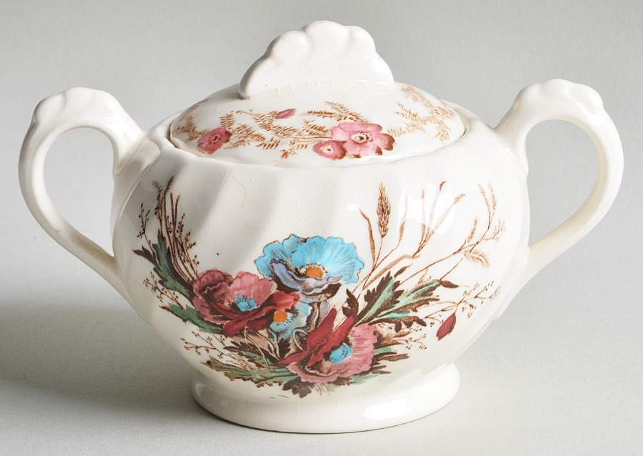Harvest Brown Multicolor (Pink Floral Rim) Sugar Bowl & Lid by Arthur J Wilkinson-1