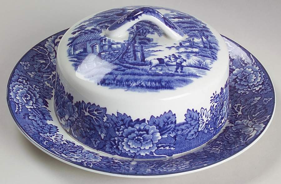 English Scenery Blue (Old Backstamp, Smooth) Round Covered Butter by Wood & Sons-1