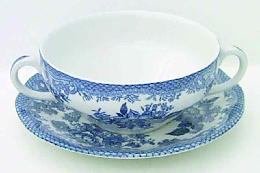 Asiatic Pheasant Blue Flat Cream Soup Bowl & Breakfast Saucer Set by Wedgwood-1