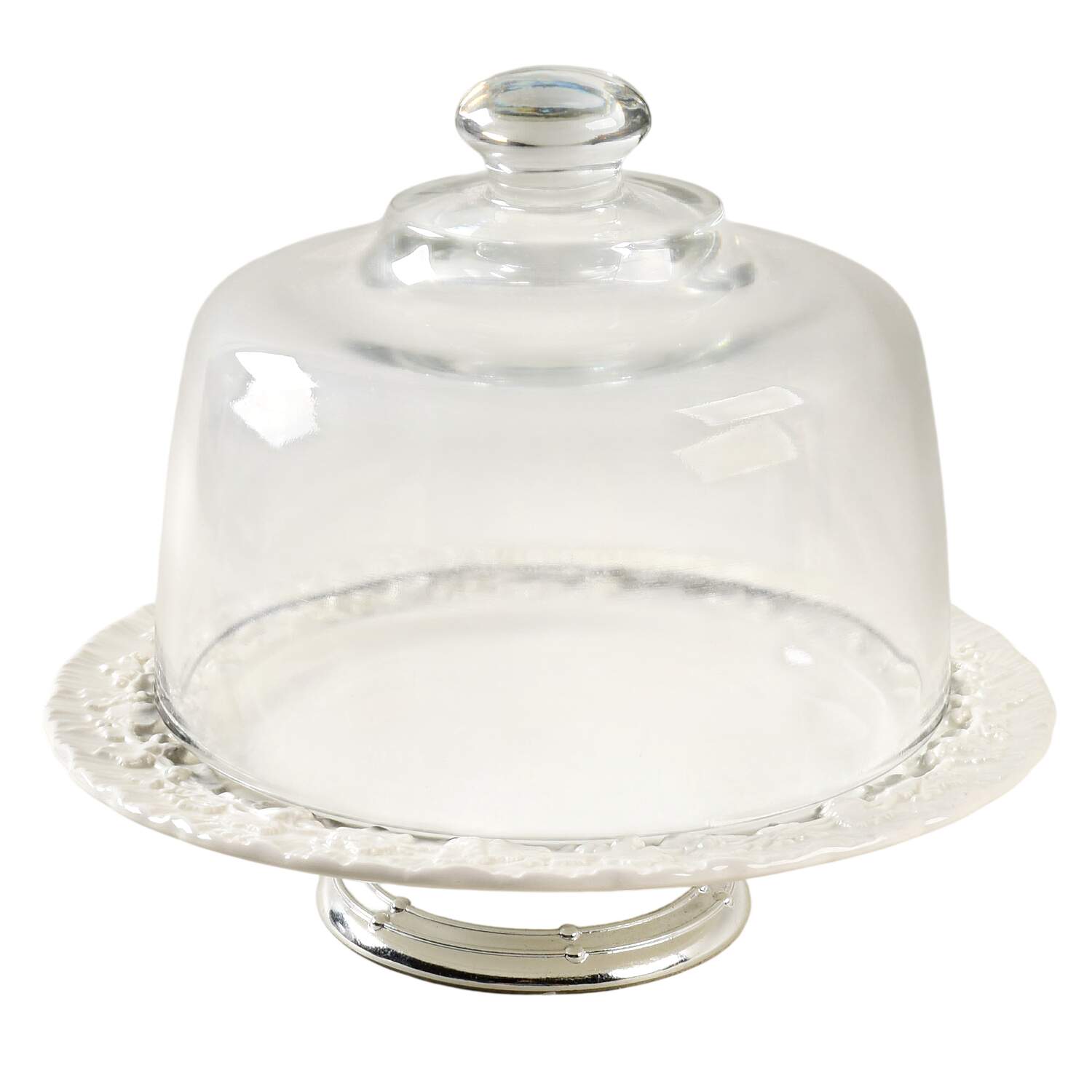 Cream Color on Cream Color (Shell Edge) 6 1/2"-7 1/2" Footed Cheese Plate w/ Glass Dome HC by Wedgwood-1