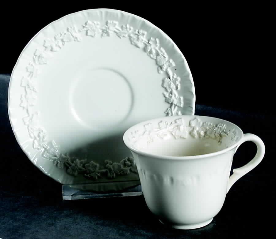 Cream Color on Cream Color (Shell Edge) Footed Demitasse Cup & Saucer Set by Wedgwood-1
