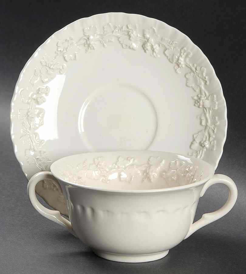 Cream Color on Cream Color (Shell Edge) Flat Bouillon Cup & Saucer by Wedgwood-1