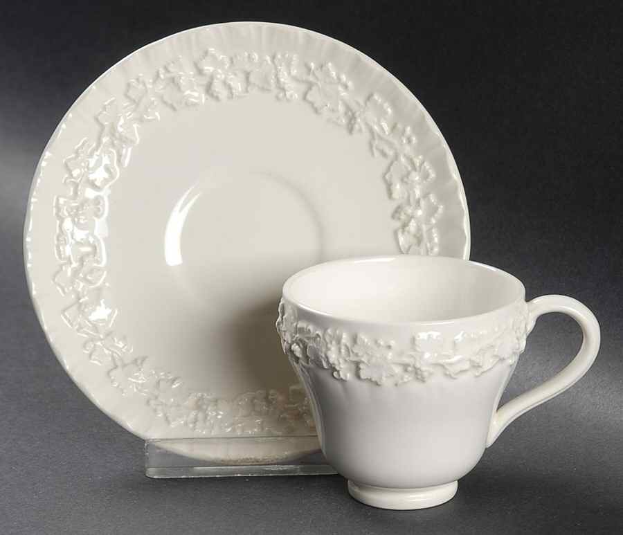 Cream Color on Cream Color (Shell Edge) Footed Demitasse Cup & Saucer Set by Wedgwood-1