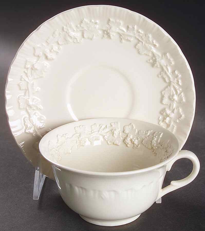 Cream Color on Cream Color (Shell Edge) Footed Cup & Saucer Set by Wedgwood-1