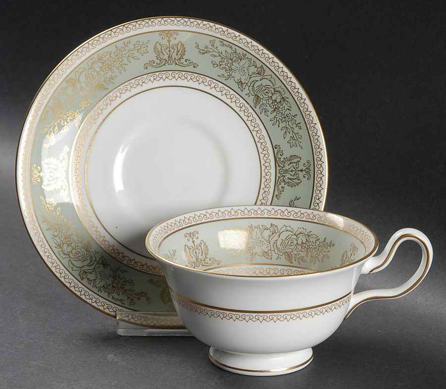Columbia Sage Green Rim Peony Shape Footed Cup & Saucer Set by Wedgwood-1