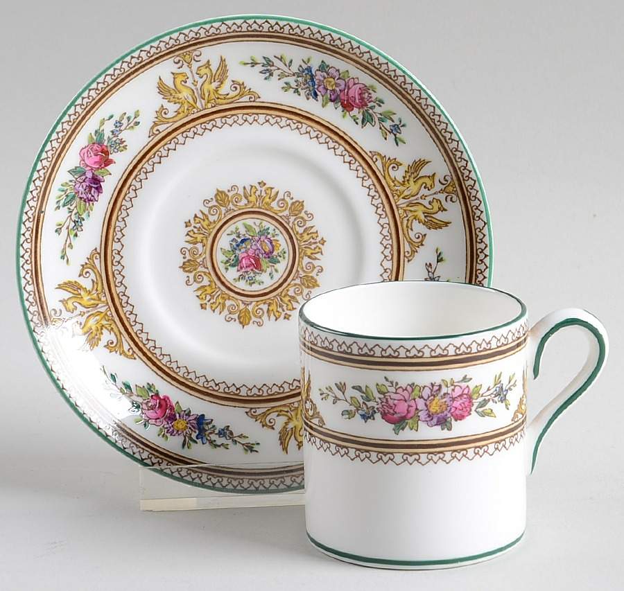 Columbia White (Center Medallion, Green Trim) Bond Shape Demitasse Cup and Saucer Set by Wedgwood-1