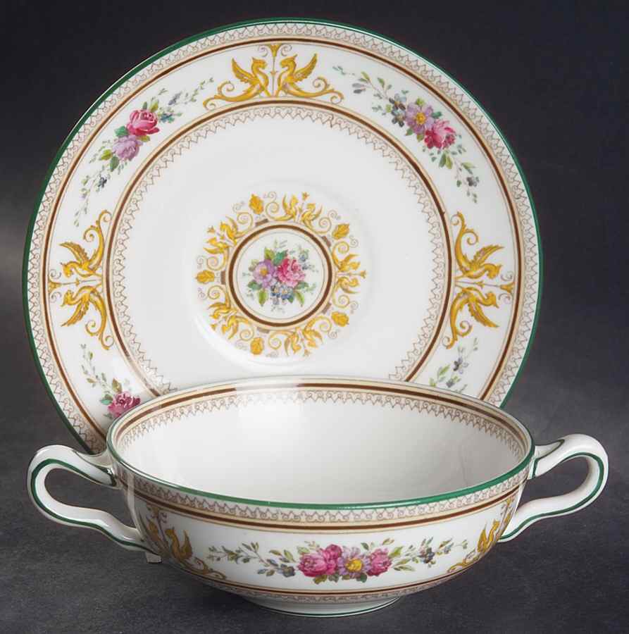 Columbia White (Center Medallion, Green Trim) Flat Cream Soup Bowl & Saucer Set by Wedgwood-1