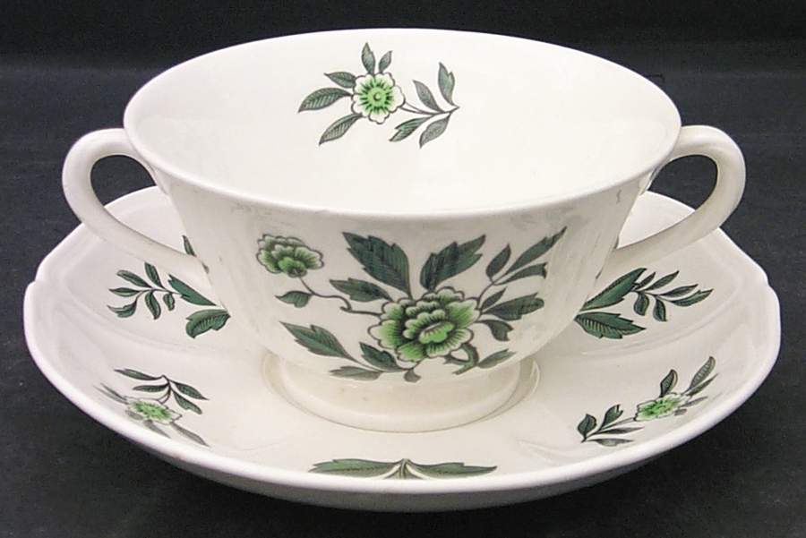Green Leaf (Queen's Shape) Footed Cream Soup Bowl & Saucer Set by Wedgwood-1